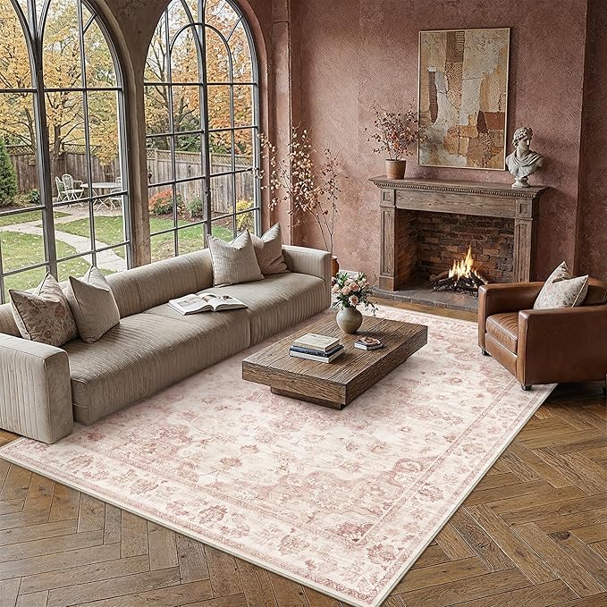 10x14 Neutral Area Rug Pink Vintage Living Room Bedroom Washable Carpet Non-Slip Soft Low Pile Farmhouse Indoor Large Throw Rug for Dining Room Office
