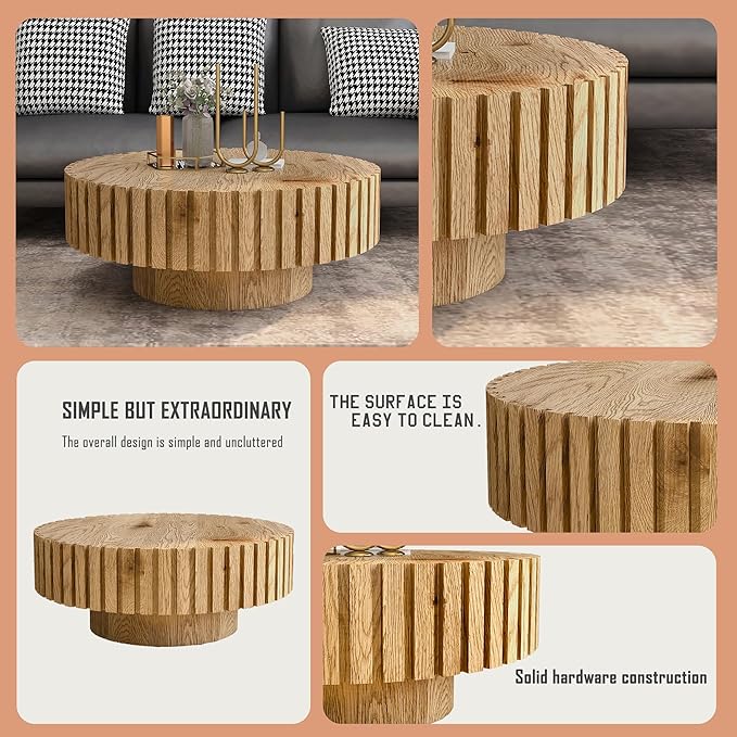 Round Coffee Table for Living Room, 31.5" Circle Wood Center Table with Pedestal for Apartment, Easy Assembly, Natural