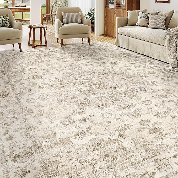 6x9 Washable Neutral Area Rug Beige Vintage Living Room Bedroom Carpet Non-Slip Soft Low Pile Farmhouse Indoor Throw Rug for Dining Room Entryway Office
