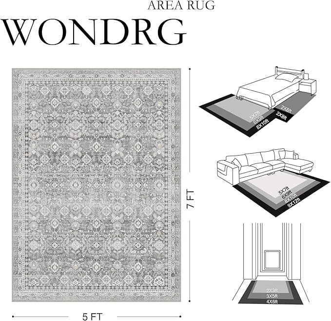 5x7 Grey Modern Washable Area Rug for Living Room Distressed Floral Non Slip Throw Rug Indoor Low Pile Carpet Accent Stain Resistance Bedroom Playroom Office Classroom Nursery