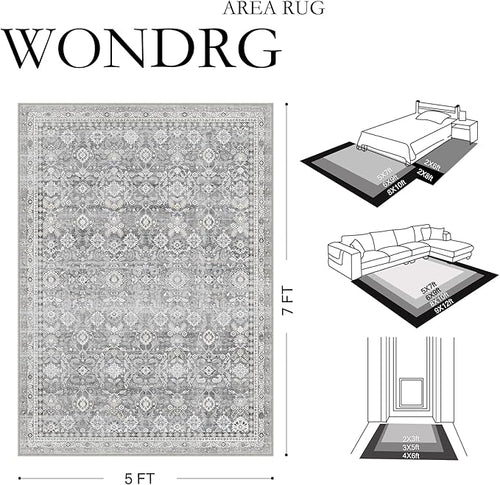 5x7 Grey Modern Washable Area Rug for Living Room Distressed Floral Non Slip Throw Rug Indoor Low Pile Carpet Accent Stain Resistance Bedroom Playroom Office Classroom Nursery