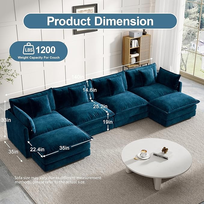 Modular Sectional Sofa, 146.5 Inch U-Shaped Cloud Sofa with Deep Seat Chenille Sofa with Cushions, Four Seater Sectional Sofa for Living Room Apartment, Blue