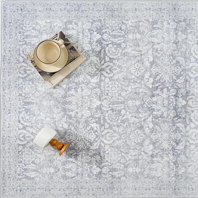 PureCozy Washable Rug 3x5, Entryway Gray Indoor Non Slip Small Low Plie Thin Bedroom Kitchen Area Rugs Retro Accent Throw Office Vintage Carpet for Nursery Under Coffee Table Grey