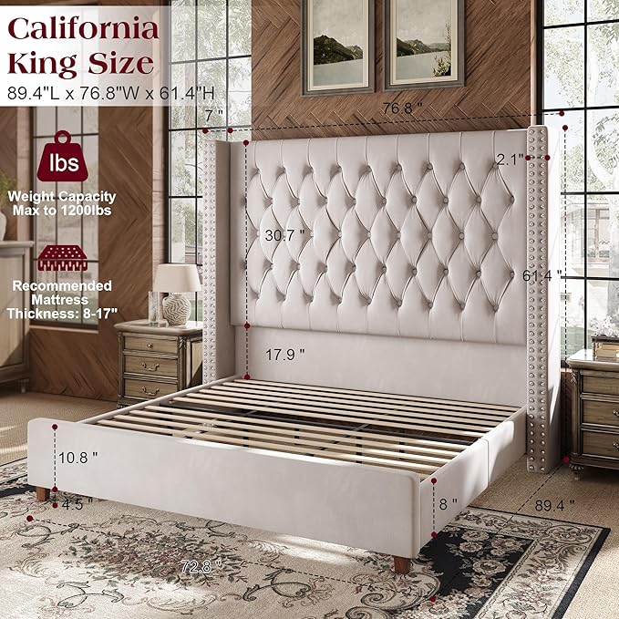 PaPaJet California King Size Bed Frame with 61.4" Tall Wingback Design Headboard, Velvet Upholstered Platform, Handmade Deep Button Tufting, Solid Wood Legs, No Box Spring Needed, Cream
