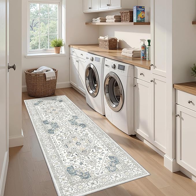 Runner Rug 2'x6' Washable Vintage Area Rugs for Hallway Non Slip Laundry Rug Runner Boho Floor Carpet Runners for Entryway Laundry Room Kitchen Bathroom (2'x6',BeigeBlue)