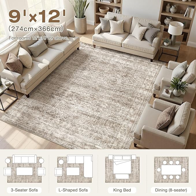 cotiled Large Area Rugs for Living Room 9x12, Machine Washable Rugs with Non Slip Backing Modern Neutral Abstract Rugs Stain Resistant Distressed Carpets for Home Office Decor 9x12 Dark Brown