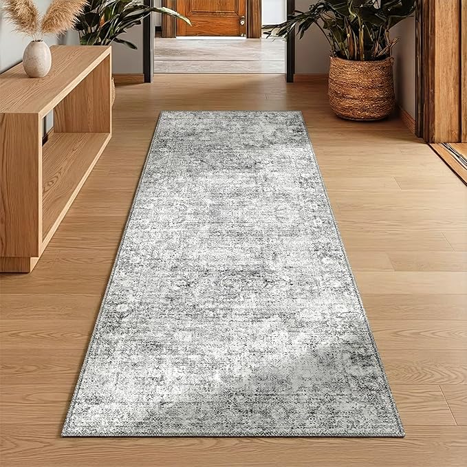 Homemate Washable Rug 2x6 Area Rugs - Vintage Faux Wool Rugs for Living Room Bedroom Dining Room - Non Slip Foldable Carpet Indoor Area Rug for Home Decor（2'x6', Grey