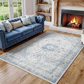 FMFUNCTEX 5x7 Blue Washable Area Rug Vintage Distressed Oriental Non Slip Low Pile Neutral Indoor Carpet for Living Room Bedroom Soft Retro Floral Thin Large Rug for Dining Nursery Office Dorm