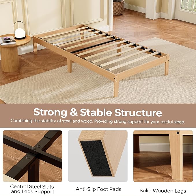 Tyndall Twin Size Bed Frame, 12 Inch Natural Solid Wood Platform Bed with Wooden Slats Support, Underbed Storage Space, No Box Spring Needed, Noise Free, Easy Assembly