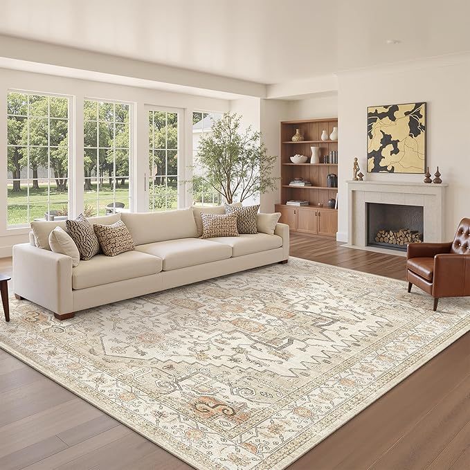 Area Rugs for Living Room - 6x9, Boho Non-Slip Low Pile Carpet Machine Washable Rugs for Bedroom, Farmhouse, Office, Dining Room (Gold)
