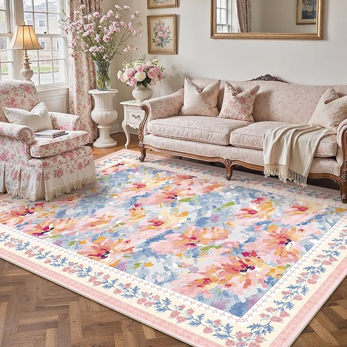 5x7 Washable Area Rug Pink Blue Living Room Bedroom Floral Throw Rug Abstract Modern Non Slip Soft Low Pile Carpet for Dining Room Office Nursery Indoor
