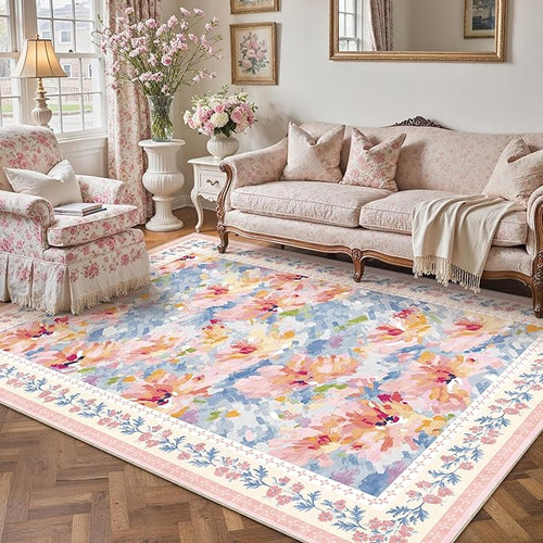 5x7 Washable Area Rug Pink Blue Living Room Bedroom Floral Throw Rug Abstract Modern Non Slip Soft Low Pile Carpet for Dining Room Office Nursery Indoor