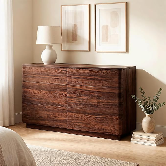 ACCOHOHO 6 Drawer Dresser for Bedroom, 52" Wide Modern Wood Dresser with Hidden Handle Drawers, Large Storage Chest of Drawers, TV Stand for Living Room & Hallway, Curved Profile Design, Dark Walnut