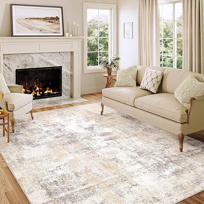 5x7 Washable Area Rug Beige Grey Abstract Non Slip Soft Medium Pile Rug for Living Room Bedroom Dining Room Office Neutral Modern Indoor Throw Carpet for Home Decor