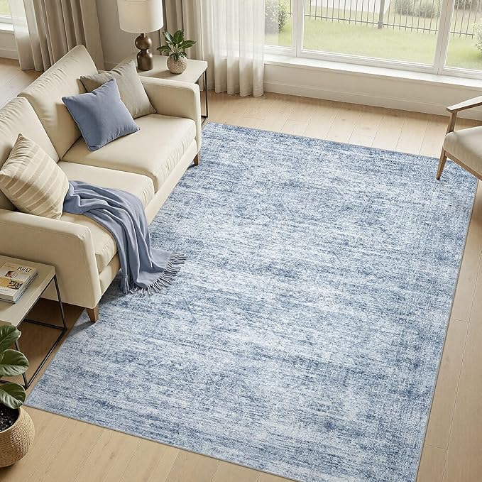 cotiled Large Area Rugs for Living Room 6x9, Machine Washable Rugs with Non Slip Backing Modern Neutral Abstract Rugs Stain Resistant Distressed Carpets for Home Office Decor (6x9 Blue)