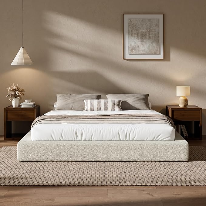 RECCI AirFrame King Size Bed Frame, Cloud Upholstered Platform Bed Frame, 5 Inch Fully Boxy Foam Cushioned, Square Shape Base, No Box Spring Needed, Easy Assembly | Cream Boucle, Soft Low-Profile