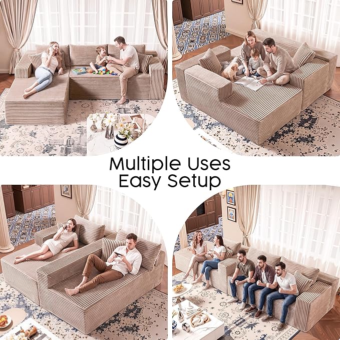 Camel L-Shaped Sectional Sofa - 108" Modular Cloud Couch with Chaise, Luxurious Camel Fabric, Deep Seat Design, No Assembly Required (Right Facing Chaise)