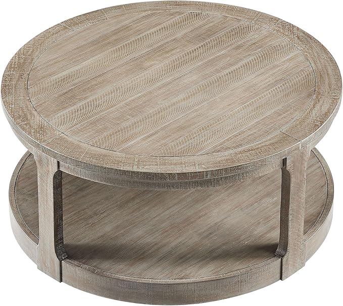 WILLIAMSPACE 40" Round Coffee Table with Wheels, Circle 2 Tier Solid Wood Center Coffee Table, Mid Century Retro Farmhouse Rounded End Table for Living Room Apartment, ø40 x 17.52" H (Light Brown)