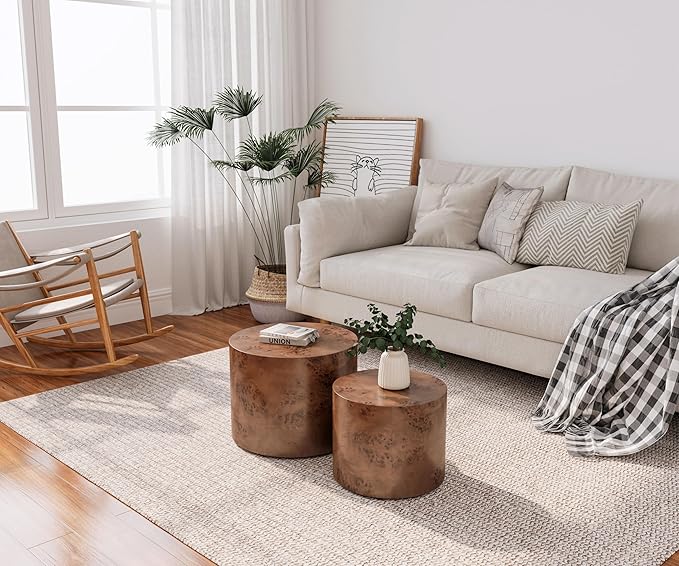 WILLIAMSPACE 18.9" Round Nesting Coffee Table Set of 2, Modern Wooden Coffee Tables Small Circle Center Table for Living Room, Accent End Table Set, No Assembling (Brown Burl)