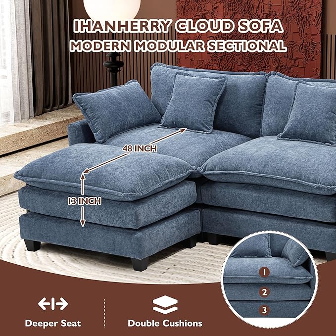 Ihanherry 77" L Shaped Modern Sofa Modular Sectional Cloud Couch with Ottoman, 3-Seat Chenille Deep Seat Sofa with Pillow for Living Room, Bedroom and Apartment, Blue