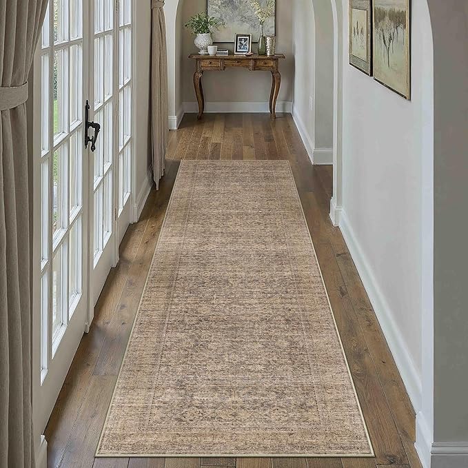 PureCozy 2x8 Runner Rug Brown Machine Washable Hallway Kitchen Vintage Distressed Non Slip Carpet Indoor Small Long Low Pile Thin Bedroom Bathroom Retro Accent Throw Rug Laundry Living Room