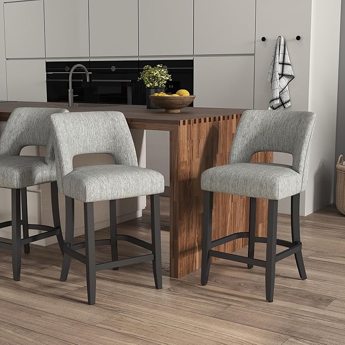 VKNOW Bar Stools Set of 2, 26" Upholstered Counter Height Bar Stools, Modern Counter Stools with Black Legs for Kitchen Island Dining Room Bar, Light Grey-Black Legs
