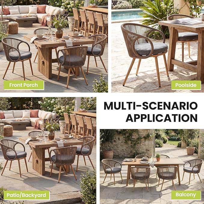 Modern Outdoor Dining Chair Set of 6 with Cushion, Scandinavian Rope Woven Patio Armchairs, Wood-Look Metal Frame, Weather-Resistant Balcony Backyard Dining Seating, Brown