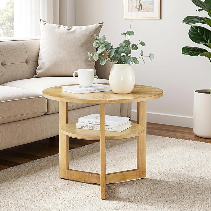 25" Round Coffee Table for Small Spaces, Circle Wood Coffee Table with Storage Shelf, 2 Tier Small Center Table for Living Room Apartment Home Furniture, Easy Assembly (Natural Brown,25"Dx25"Wx20"H)