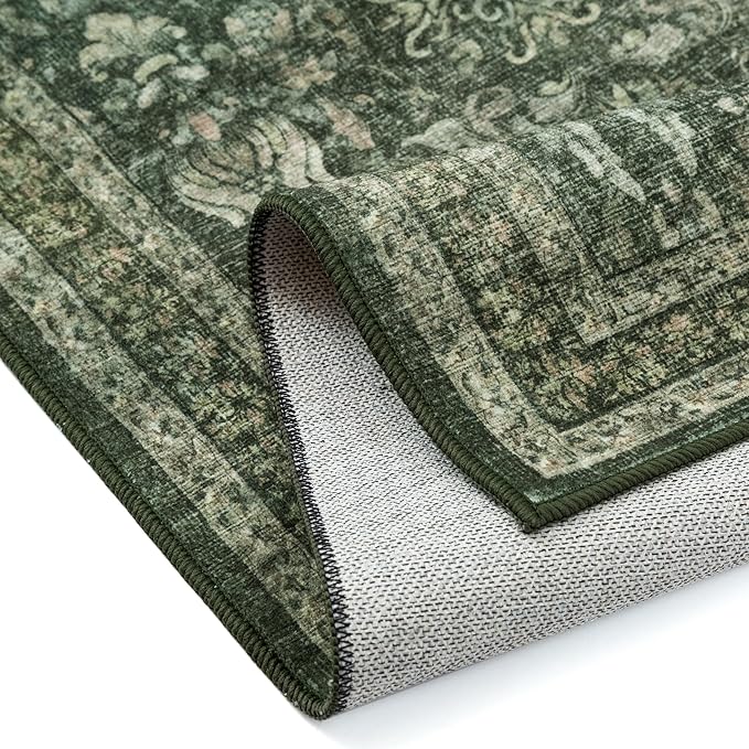 PureCozy Dark Green 8x10 Area Rugs Washable Vintage Living Room Bedroom Carpet Indoor Large Non Slip Soft Low Pile Thin Rug Retro Accent Home Office Dining Room