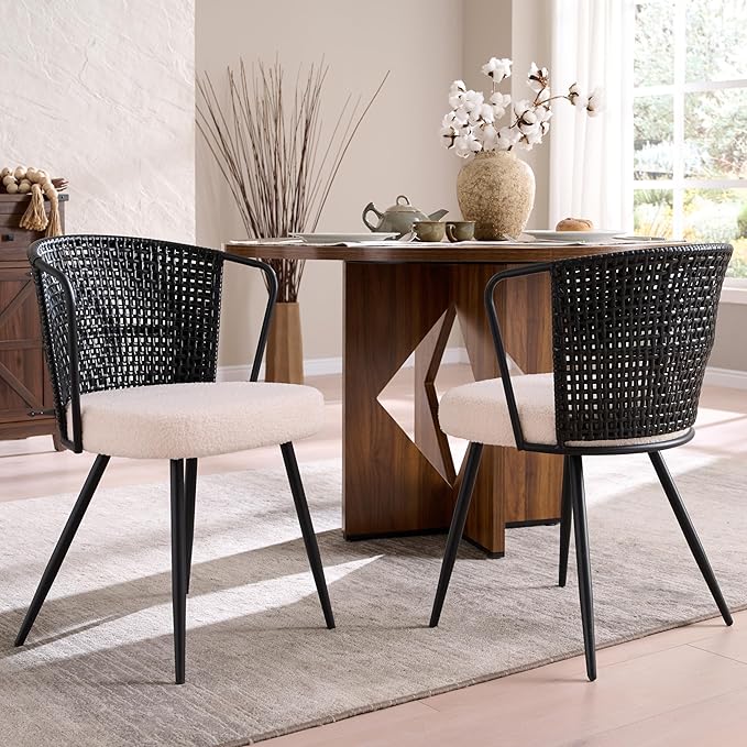 BedsPick Rattan Dining Chair Set of 2 - Farmhouse Upholstered PE Rattan Kitchen Chair with Boucle Cushion, Wingback Dining Room Seat with Cane Back and Metal Legs for Home, Kitchen (Black)