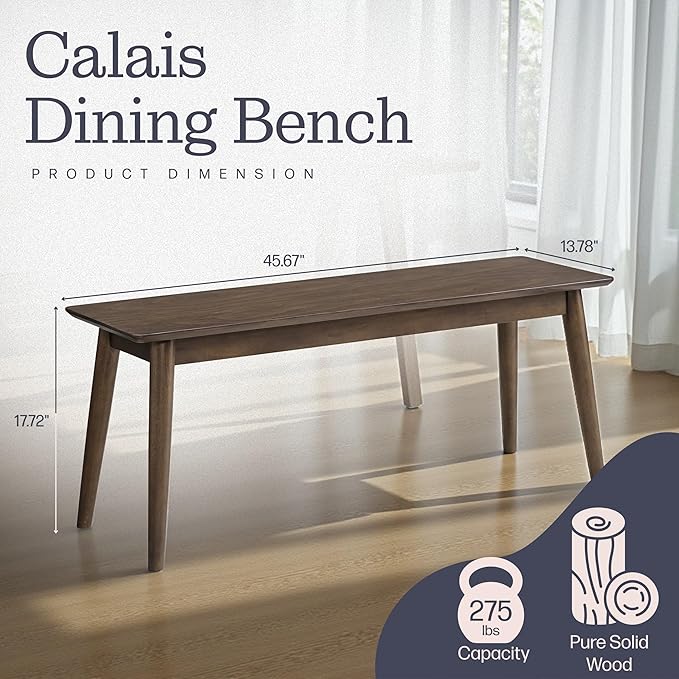 Alaterre Furniture Calais Dining – Mid Century Modern 46-Inch Solid Wood Dining Bench – Entryway Bench with Minimalist Design for Entryway, Dining Room, Kitchen, or Bedroom (Warm Walnut Finish)