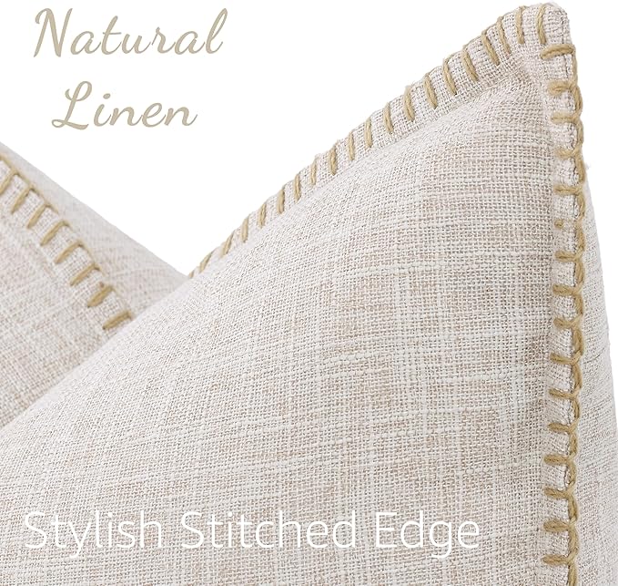 decorUhome Summer Decorative Throw Pillow Covers 24x24 Set of 2 Square Faux Linen Outdoor Neutral Farmhouse Euro Sham Pillow Covers with Stitched Edge for Couch Sofa Living Room, Beige