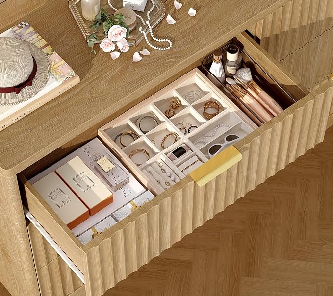 TEENFON 56.3'' Dresser for Bedroom with 6 Drawers, Dressers & Chest of Drawers with Curved Profile Design, 6 Drawer Dresser, Fluted Dressers, Wood Dressers for Bedroom, Living Room, Natural
