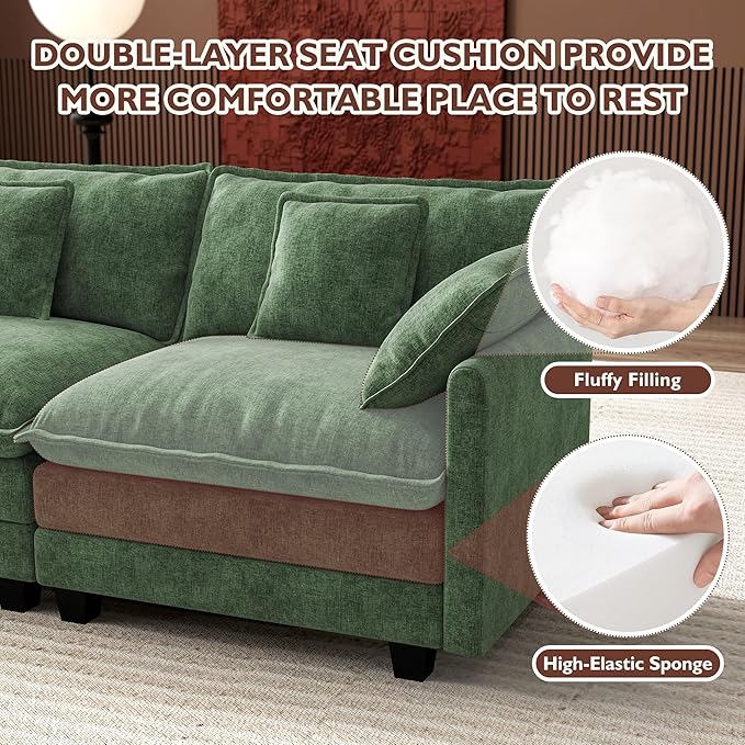 Ihanherry 114" V-Shaped Modern Sofa Modular Sectional Cloud Couch with Corner Section, 5-Seat Chenille Deep Seat Sofa with 5 Pillows for Living Room, Bedroom and Apartment, Green