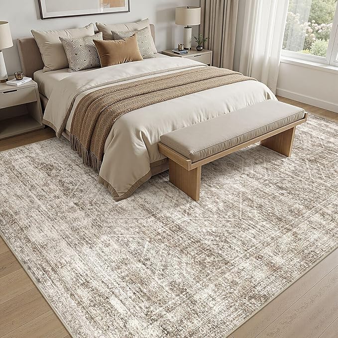 cotiled Large Area Rugs for Living Room 9x12, Machine Washable Rugs with Non Slip Backing Modern Neutral Abstract Rugs Stain Resistant Distressed Carpets for Home Office Decor 9x12 Dark Brown