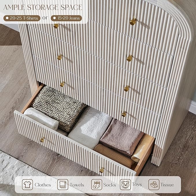 T4TREAM Fluted Dresser with 5 Drawers, 48" Tall Modern Chest of Drawers with Thickened Curved Profile Design, Wood Closet Clothes Storage Organizer for Bedroom, Living Room, Hallway, Alder White