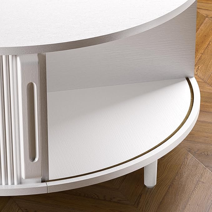 Round Coffee Table, 31.5" Fluted Center Table with Storage, Lift-Top Coffee Table with Adjustable Footpads, Sliding Door, Mid-Century Modern Center Table for Living Room, Small Space (Pure White)