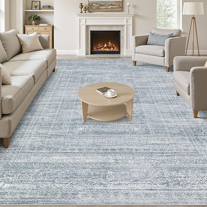 Nakagishi Area Rugs 9x12 Living Room: Washable Large Vintage Blue Rug Neutral Non-Slip Soft Stain Resistant Indoor Carpet for Bedroom Nursery Dining Room Under Table Bed Home House Office Playroom