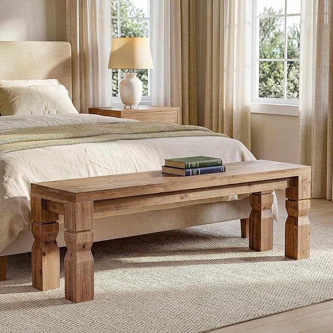LITTLE TREE Solid Wood Bench, 55-Inch Long Farmhouse Wooden Bench Seat for Entryway, End of Bed, Dining Room, Living Room, Easy Assembly, Rustic Brown