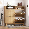 HUANLEGO Shoe Cabinet Storage for Entryway with 4 Flip Drawers, Fluted Narrow Shoe Organizer with Wooden Legs & Top Cubby, Freestanding Slim Shoe Storage Hidden Shoe Rack for Front Door Entrance, Oak