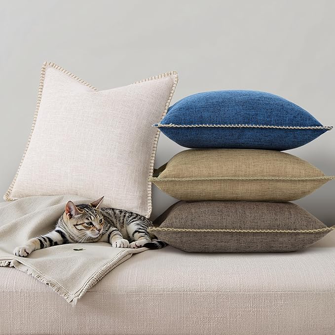 decorUhome Summer Decorative Throw Pillow Covers 18x18 Set of 2 Square Faux Linen Outdoor Neutral Farmhouse Pillow Covers with Stitched Edge for Couch Sofa Living Room, Dark Blue