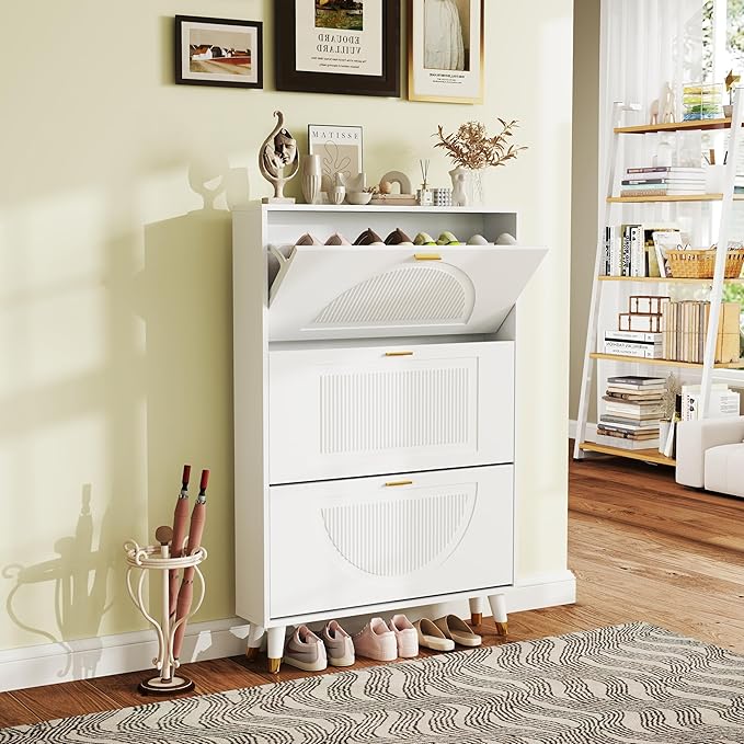 White Shoe Storage Cabinet: 32" Ultra Thin Small Shoe Cabinet for Entryway, Modern Slim and Narrow Hidden Shoes Rack Organizer with Doors and 3 Flip Drawer (1 Piece, 32")