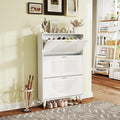 White Shoe Storage Cabinet: 32" Ultra Thin Small Shoe Cabinet for Entryway, Modern Slim and Narrow Hidden Shoes Rack Organizer with Doors and 3 Flip Drawer (1 Piece, 32")