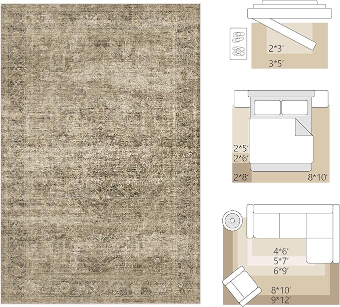 FMFUNCTEX 2x6 Runner Rug Brown Vintage Neutral Washable Distressed Oriental Non Slip Low Pile Indoor Carpet Retro Hallway Entryway Rug for Kitchen Living Room Bedroom Bathroom Laundry Entry Bedside