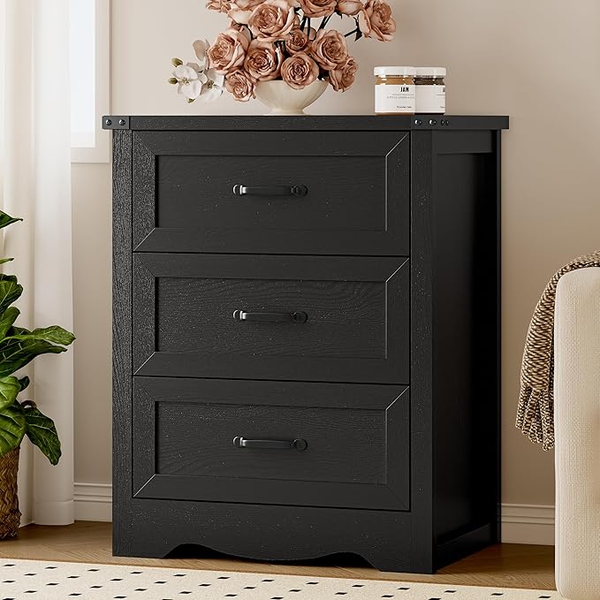 BORNOON 3-Drawer Dresser for Bedroom, Small Wooden Chest of Drawers with Metal Handles, Narrow Storage Cabinet with Anti-Tipping Design, Sturdy Dresser Organizer for Closet, Living Room, Entryway