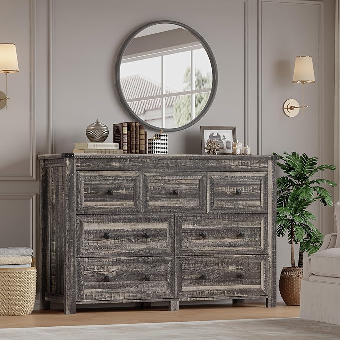 BORNOON 7-Drawer Dresser, Modern Wooden Storage Chest of Drawers, Dresser TV Stand, Wood Drawer Organizer with Metal Handles for Bedroom, Living Room, Hallway