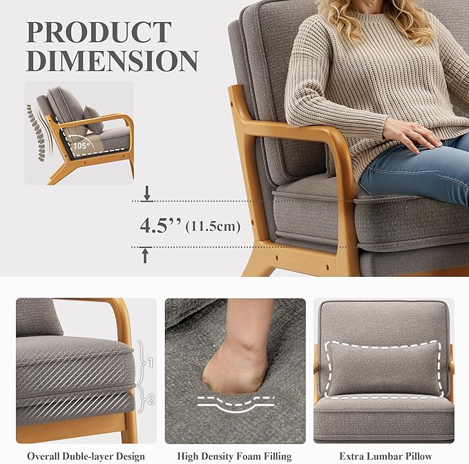 MALOL Accent Chair with Solid Wood Frame, Mid-Century Relaxing Armchair Lumbar Pillow& Soft Cushion, Reading Leisure Chair for Living Room, Bedroom, Waiting Room-Grey