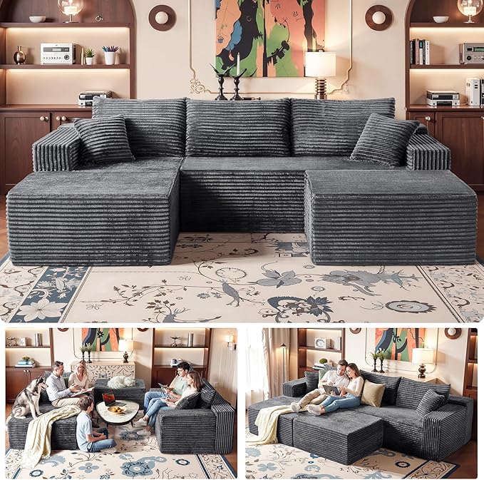 Grey Sectional Couch with Ottoman, 108" Cloud Modular Couch for Living Room, Modern U-Shaped Sofa, No Assembly Required - Plush Corduroy Fabric & Deep Seat Comfort (Right Facing Chaise)