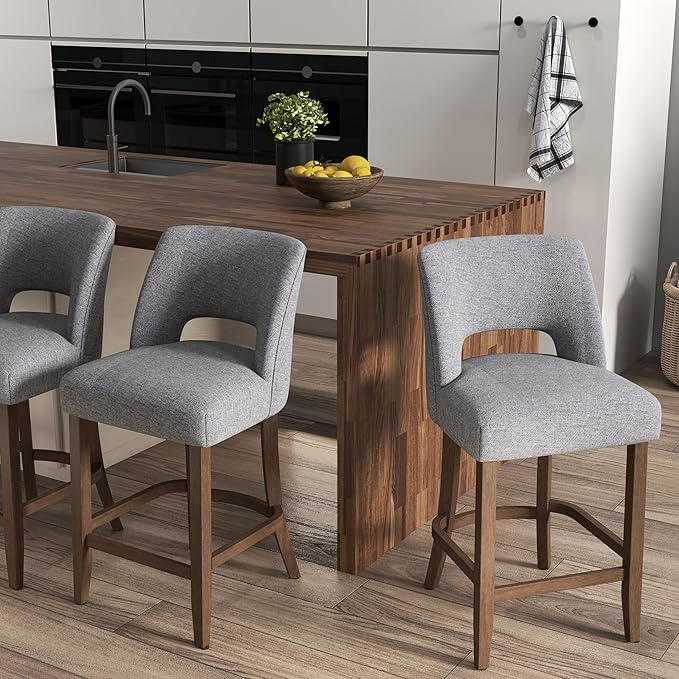 VKNOW Bar Stools Set of 6, 26" Upholstered Counter Height Bar Stools,Modern Counter Stools with Wood Legs for Kitchen Island Dining Room Bar,Fabric Grey