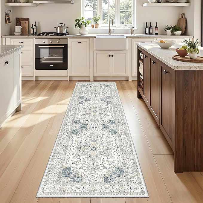 Washable 2x8 Runner Rug Vintage Area Rugs for Hallway Water Resistant Kitchen Entryway Rug Ultra Soft Living Room Bedroom Carpet Indoor Low Pile Floor Mat for Bathroom Dining Room (2'x8',BeigeBlue)